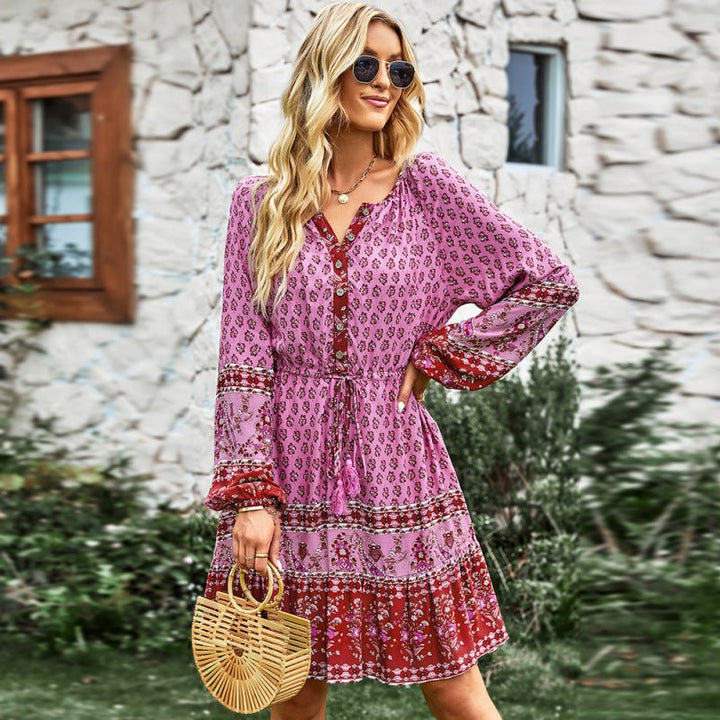 Women's Crew Neck Long Sleeve Boho Print Dress - Casual Dress
