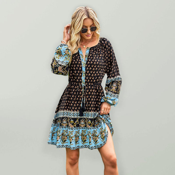 Women's Crew Neck Long Sleeve Boho Print Dress - Casual Dress