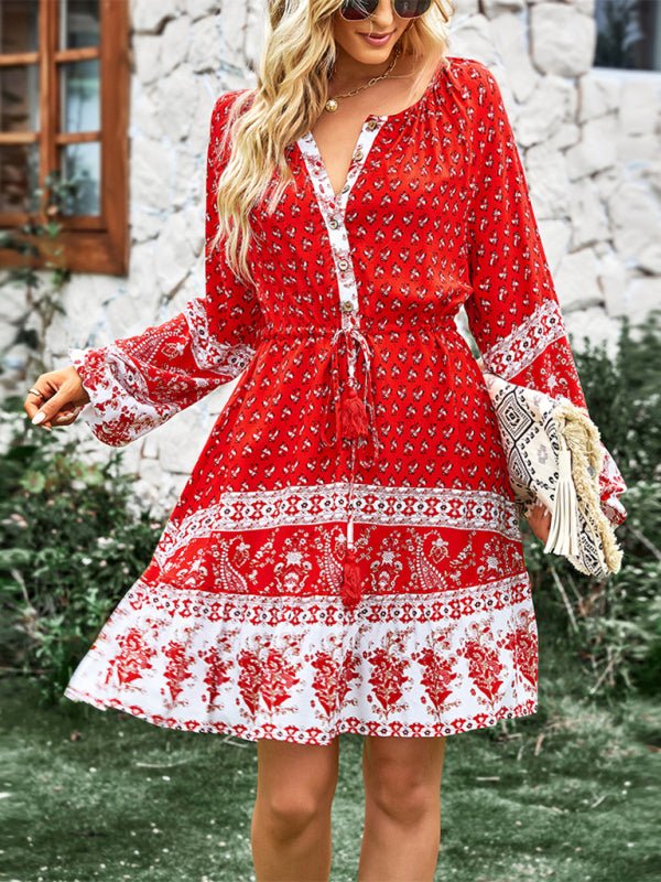 Women's Crew Neck Long Sleeve Boho Print Dress - Casual Dress