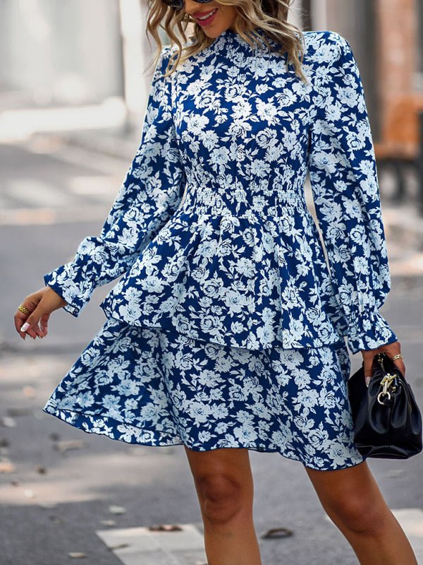 Women's Crew Neck Long Sleeve Boho Print Dress - Formal Dress