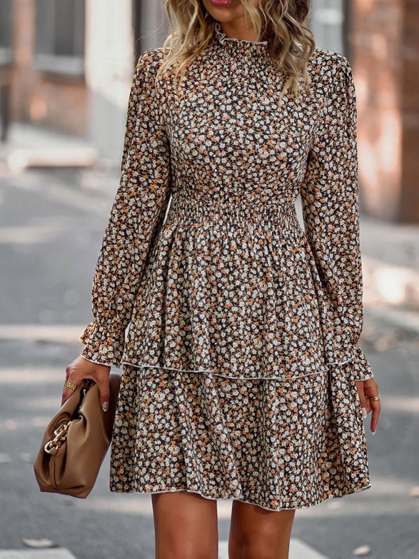 Women's Crew Neck Long Sleeve Boho Print Dress - Formal Dress