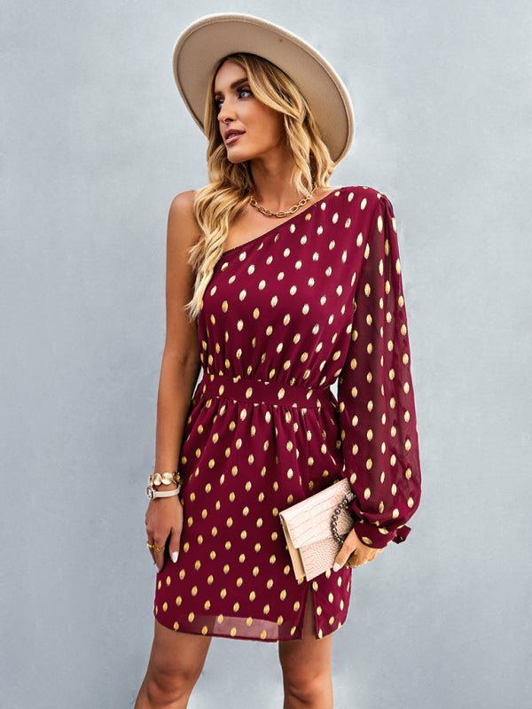 Women's diagonal shoulder temperament noble A - line dress - Formal Dress