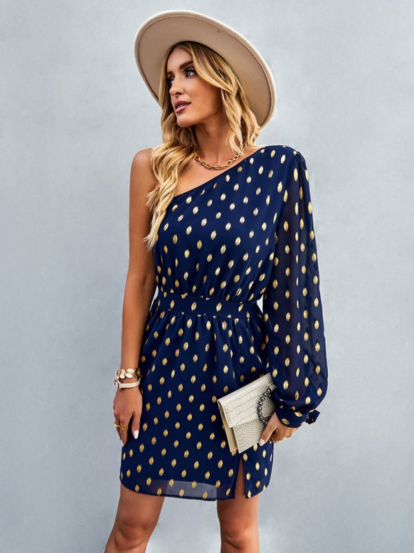 Women's diagonal shoulder temperament noble A - line dress - Formal Dress