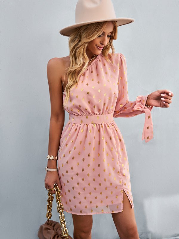 Women's diagonal shoulder temperament noble A - line dress - Formal Dress