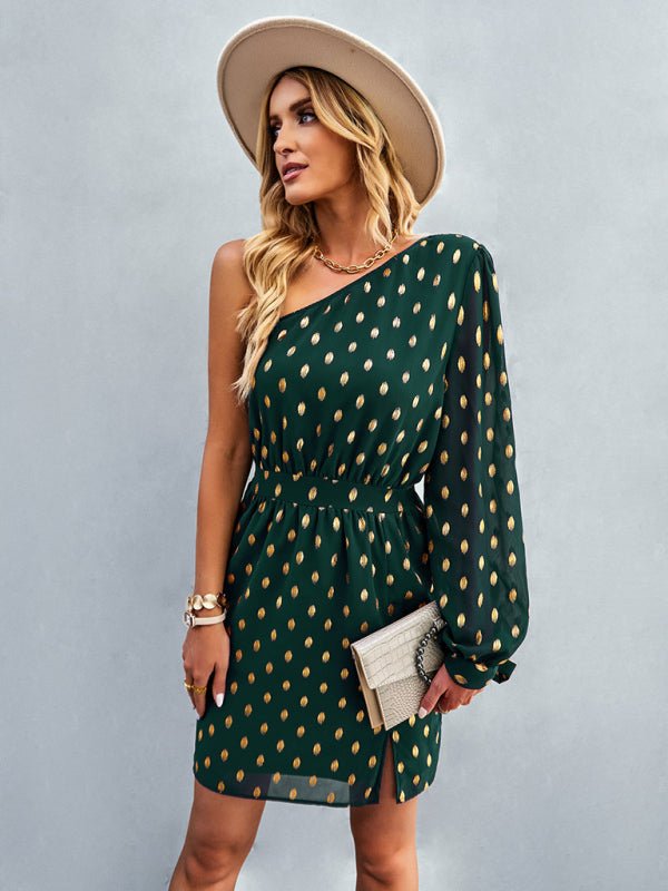 Women's diagonal shoulder temperament noble A - line dress - Formal Dress