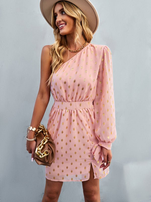 Women's diagonal shoulder temperament noble A - line dress - Formal Dress