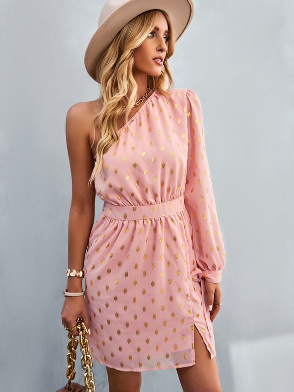 Women's diagonal shoulder temperament noble A - line dress - Formal Dress