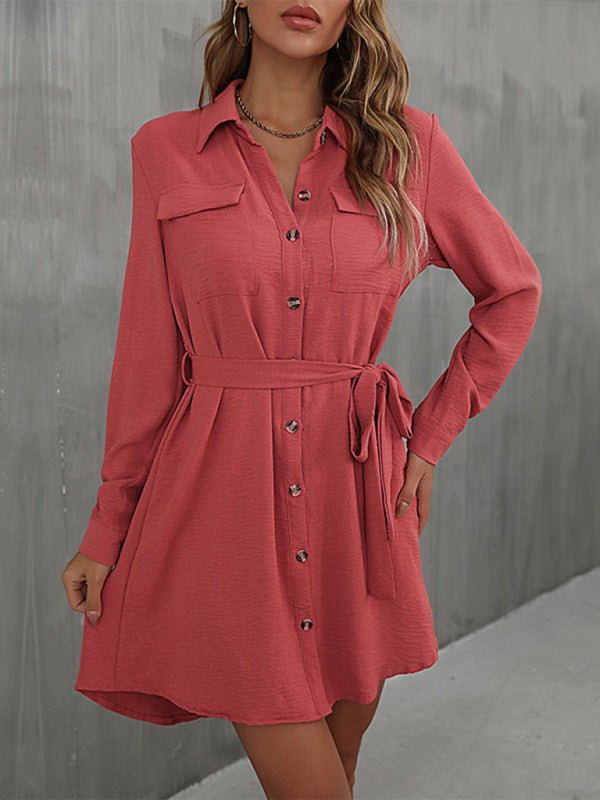 Women's dress red long - sleeved lapel - style skirt - Casual Dress