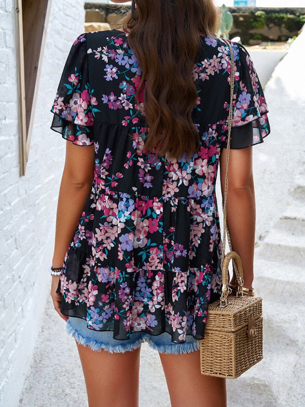 Women's elegant casual printed short - sleeved top blouse - Top