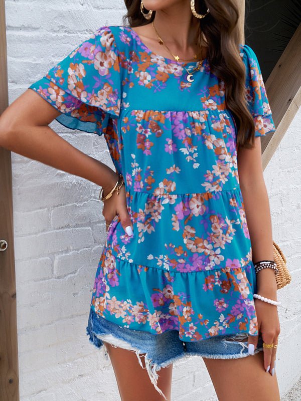 Women's elegant casual printed short - sleeved top blouse - Top