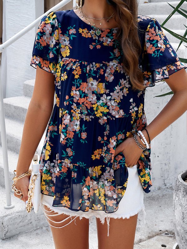 Women's elegant casual printed short - sleeved top blouse - Top