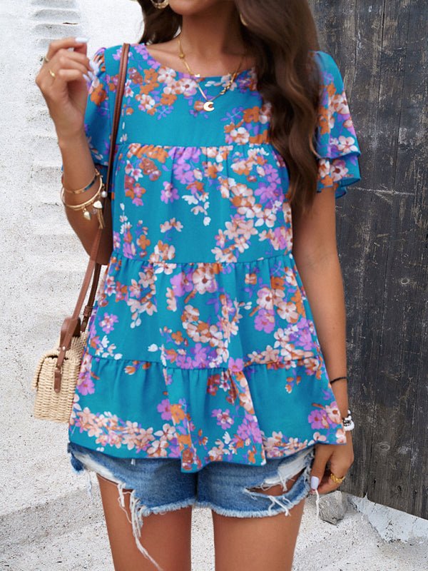 Women's elegant casual printed short - sleeved top blouse - Top