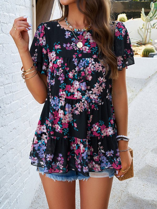Women's elegant casual printed short - sleeved top blouse - Top