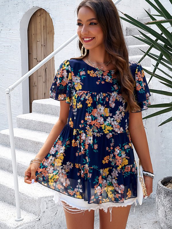 Women's elegant casual printed short - sleeved top blouse - Top