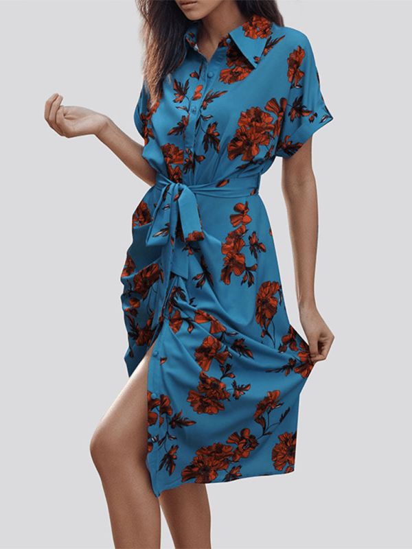 Women's elegant commuting lace - up printed shirt dress - Day Dress