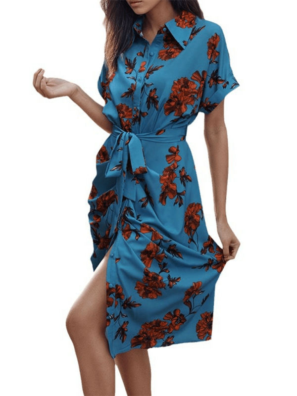 Women's elegant commuting lace - up printed shirt dress - Day Dress