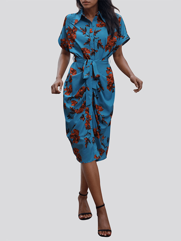 Women's elegant commuting lace - up printed shirt dress - Day Dress