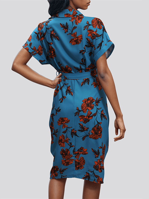 Women's elegant commuting lace - up printed shirt dress - Day Dress