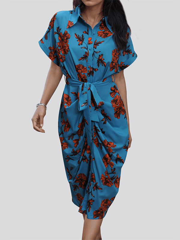 Women's elegant commuting lace - up printed shirt dress - Day Dress