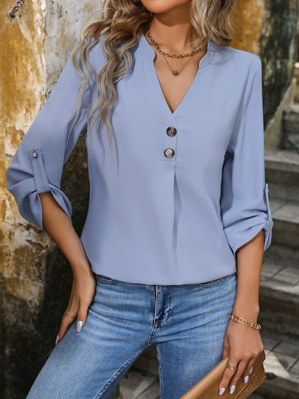 Women's Elegant Commuting V - Neck Button - Down Pullover Shirt - Top
