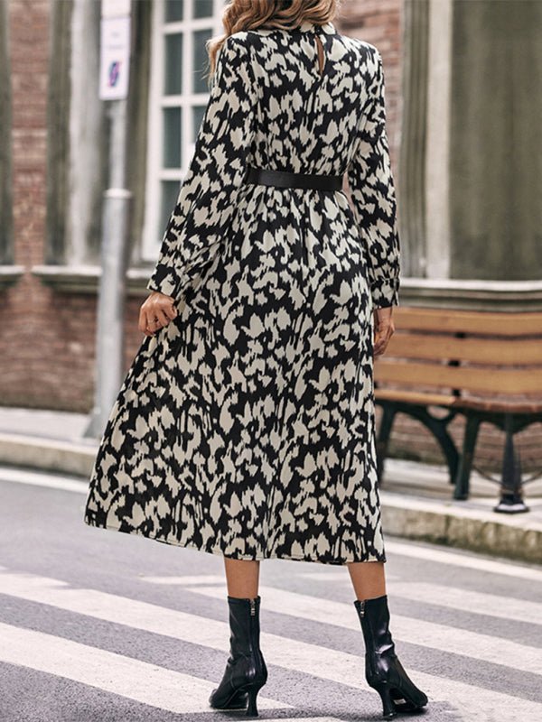 Women's Elegant Long Sleeve Leopard Print Dress - Day Dress