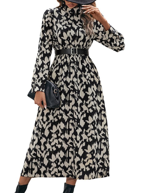 Women's Elegant Long Sleeve Leopard Print Dress - Day Dress