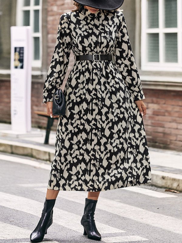 Women's Elegant Long Sleeve Leopard Print Dress - Day Dress