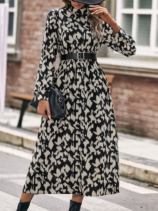 Women's Elegant Long Sleeve Leopard Print Dress - Day Dress