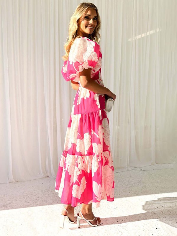 Women's Elegant Printed One Shoulder Puff Sleeve Fashion Dress - Formal Dress