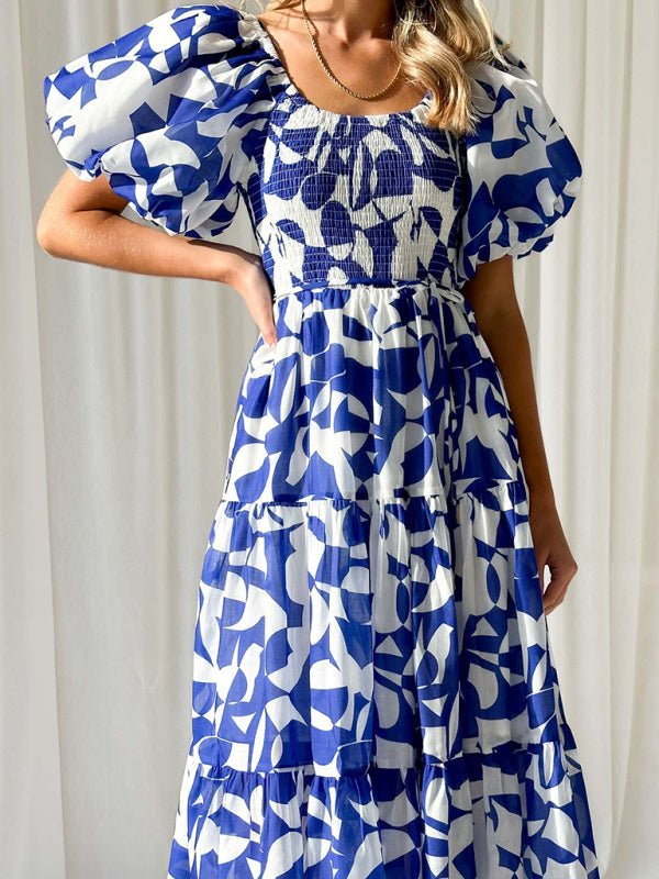 Women's Elegant Printed One Shoulder Puff Sleeve Fashion Dress - Formal Dress