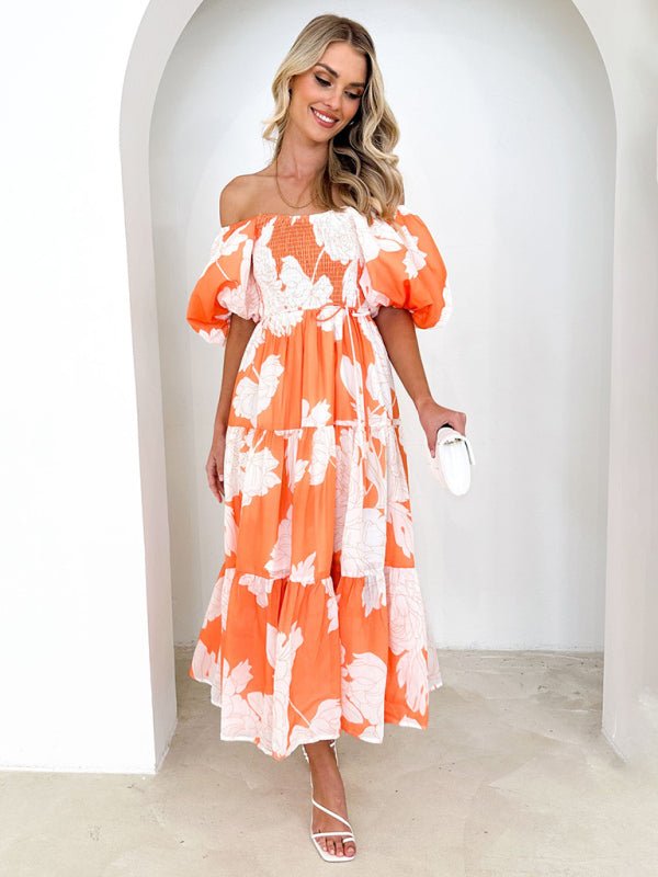 Women's Elegant Printed One Shoulder Puff Sleeve Fashion Dress - Formal Dress
