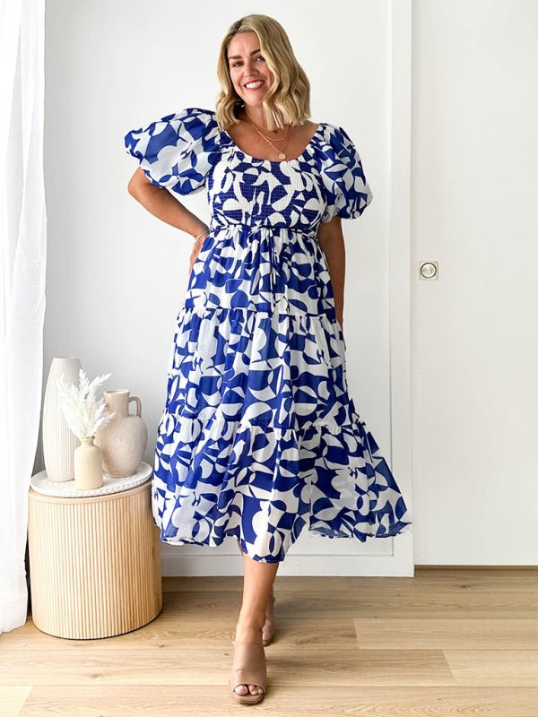 Women's Elegant Printed One Shoulder Puff Sleeve Fashion Dress - Formal Dress