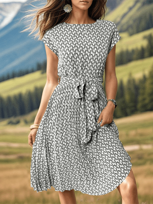 Women's Elegant Short Sleeve Lace Up Pleated Print Dress - Formal Dress