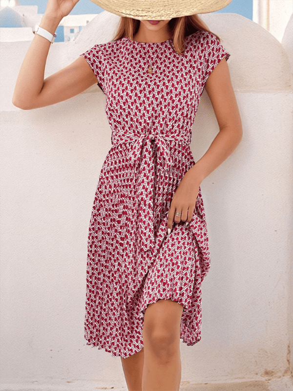 Women's Elegant Short Sleeve Lace Up Pleated Print Dress - Formal Dress