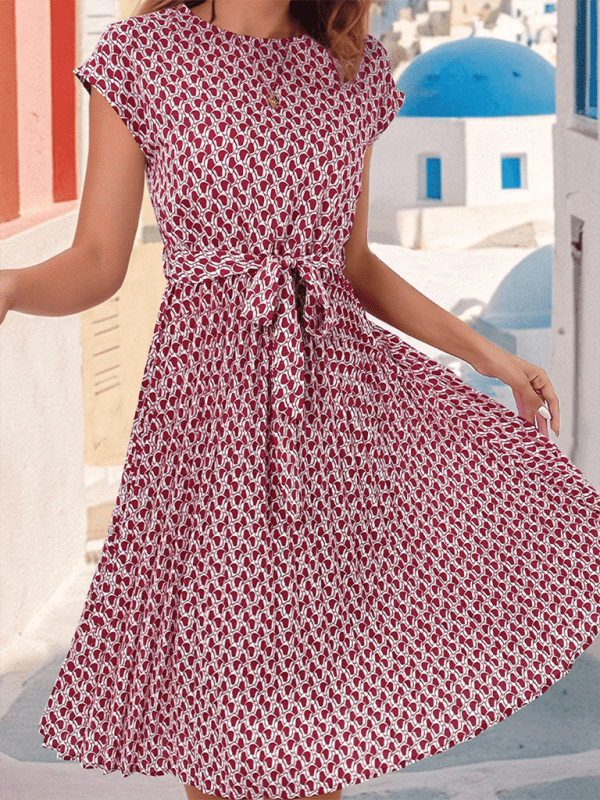Women's Elegant Short Sleeve Lace Up Pleated Print Dress - Formal Dress
