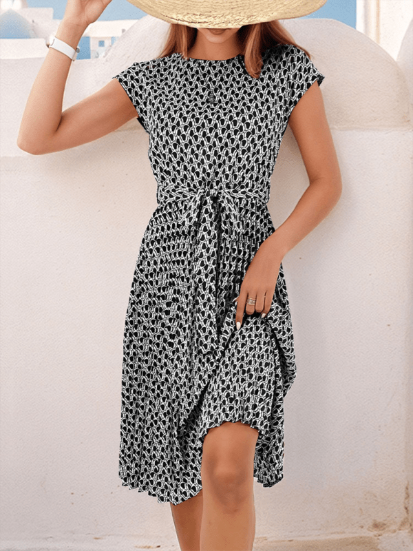Women's Elegant Short Sleeve Lace Up Pleated Print Dress - Formal Dress