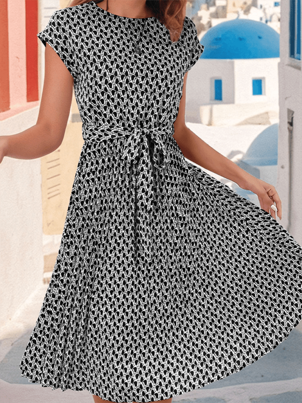 Women's Elegant Short Sleeve Lace Up Pleated Print Dress - Formal Dress