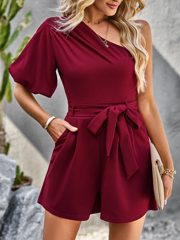 Women's Elegant Solid Color One Shoulder Rompers - Romper