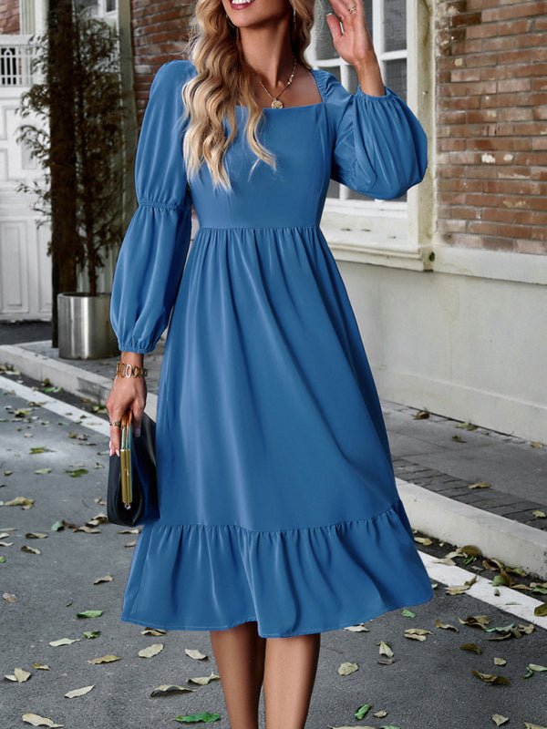 Women's Elegant Solid Color Square Neck Long Sleeve Dress - Casual Dress