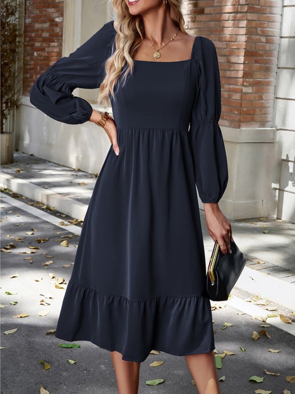Women's Elegant Solid Color Square Neck Long Sleeve Dress - Casual Dress
