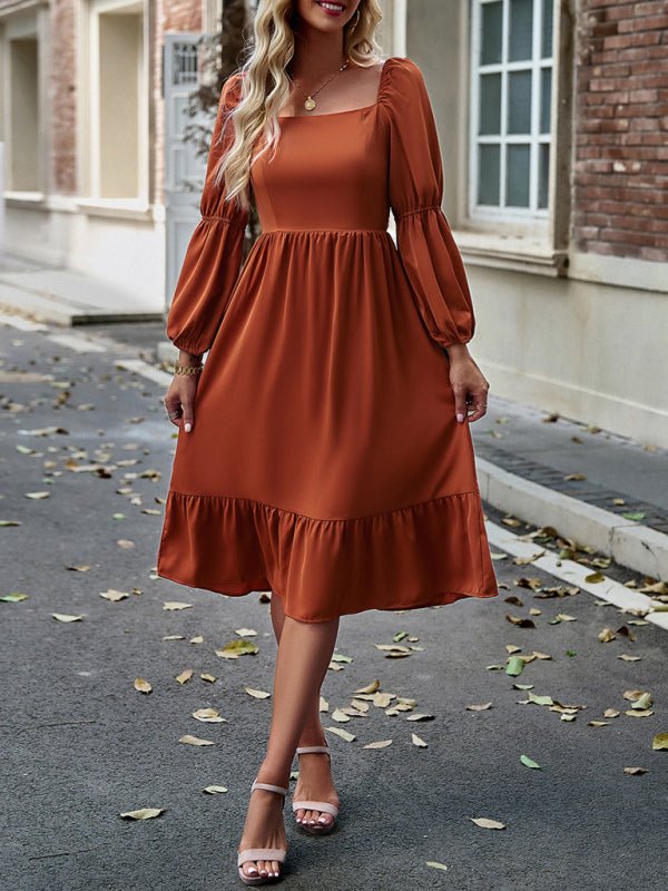 Women's Elegant Solid Color Square Neck Long Sleeve Dress - Casual Dress