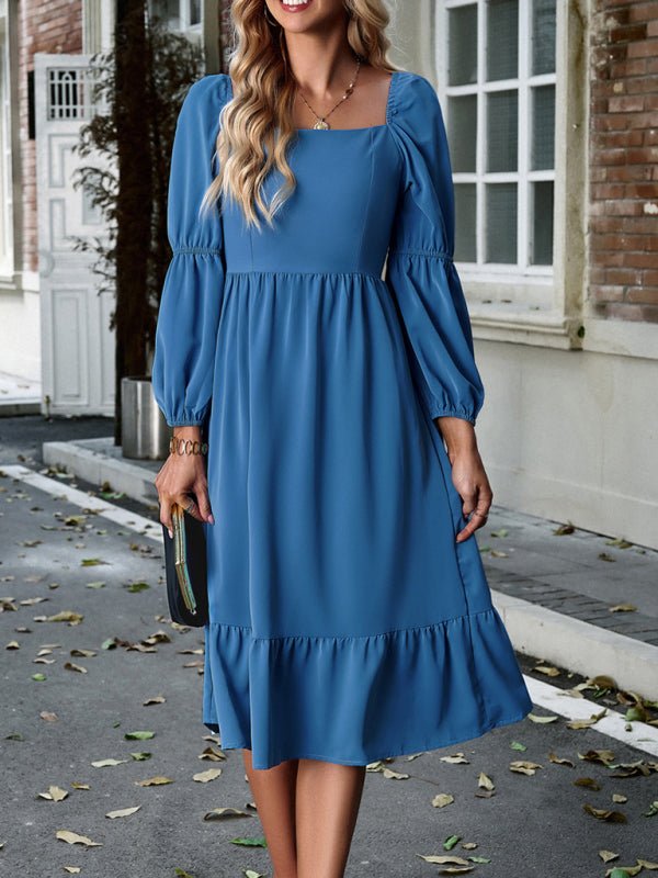 Women's Elegant Solid Color Square Neck Long Sleeve Dress - Casual Dress