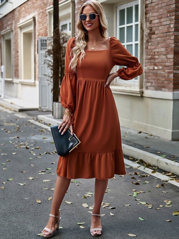 Women's Elegant Solid Color Square Neck Long Sleeve Dress - Casual Dress