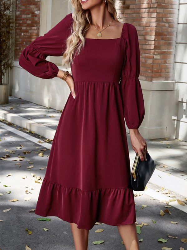 Women's Elegant Solid Color Square Neck Long Sleeve Dress - Casual Dress