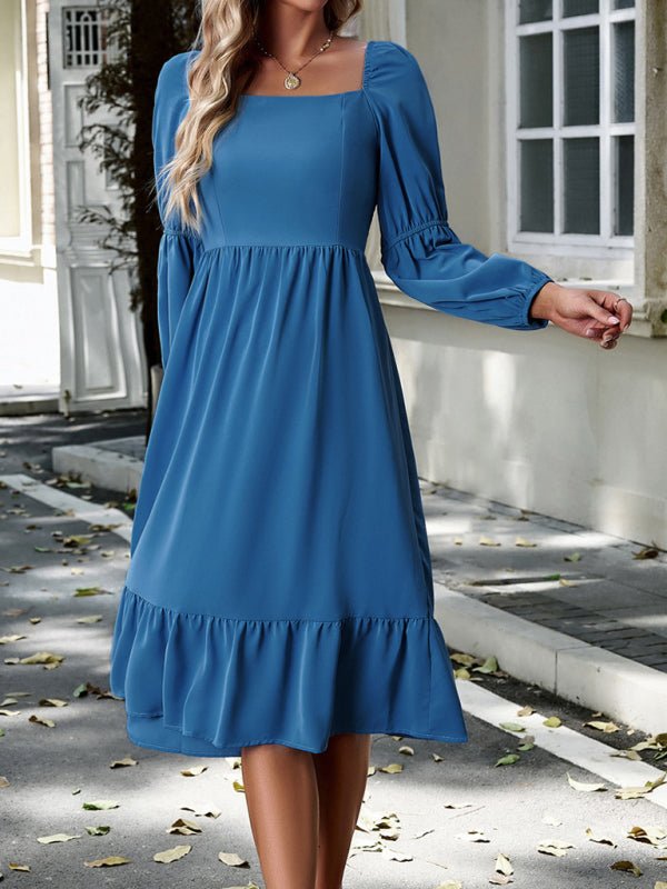 Women's Elegant Solid Color Square Neck Long Sleeve Dress - Casual Dress