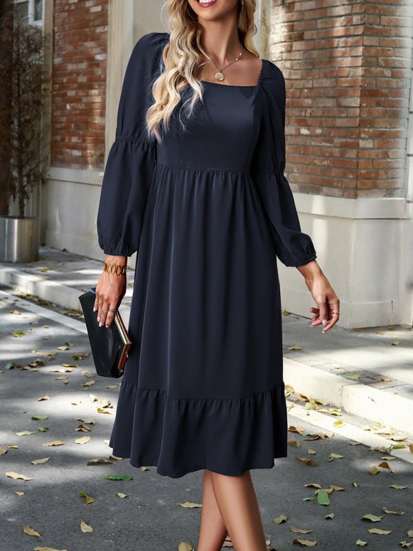 Women's Elegant Solid Color Square Neck Long Sleeve Dress - Casual Dress