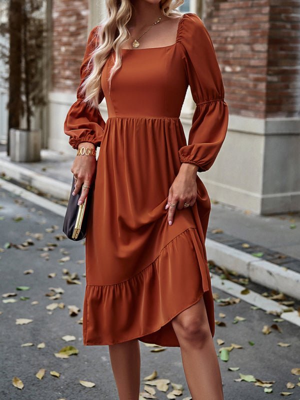 Women's Elegant Solid Color Square Neck Long Sleeve Dress - Casual Dress