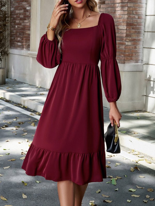 Women's Elegant Solid Color Square Neck Long Sleeve Dress - Casual Dress