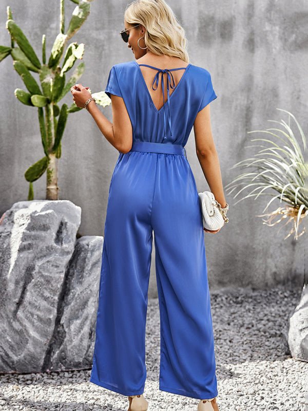 Women's Elegant Solid Color V Neck Jumpsuit - Jumpsuit
