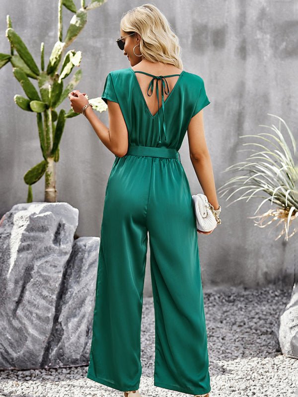 Women's Elegant Solid Color V Neck Jumpsuit - Jumpsuit